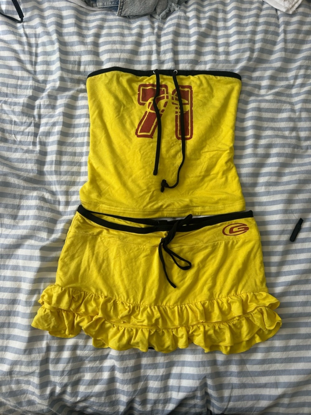 Yellow Strapless Ruffle Dress with Contrast Trim and Drawstring